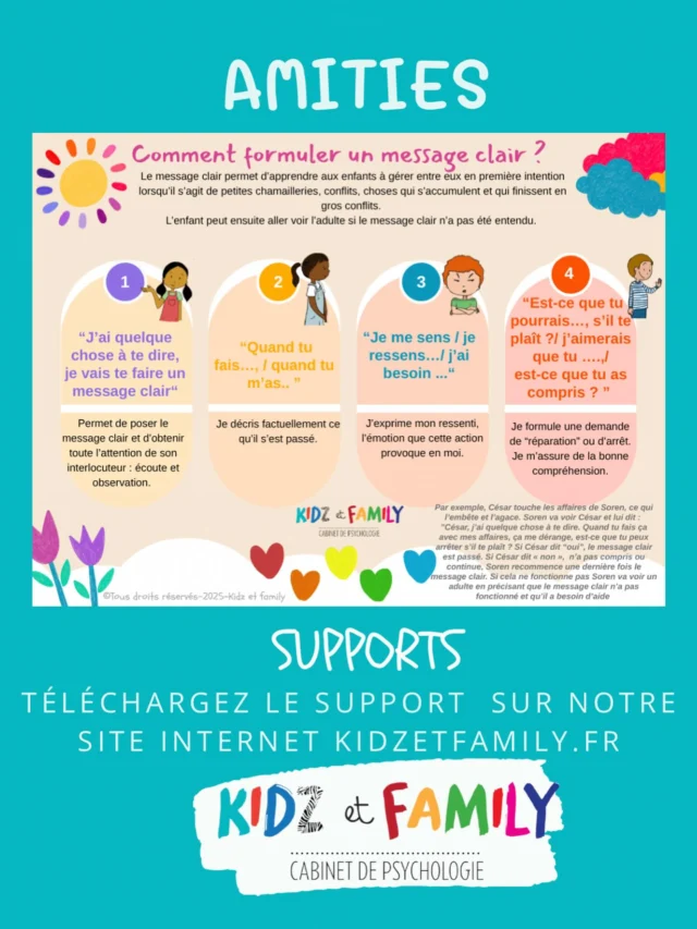 💙Nouveau support à télécharger gratuitement sur notre site , onglet supports puis > amitiés .
💙COMMENT FORMULER UN MESSAGE CLAIR ?
💙outil essentiel en communication et en communication non violente à apprendre à vos enfants.
Vous leur apprenez ainsi à bien se faire comprendre par leur interlocuteur lorsque une chose leur déplaît . Ceci est une première étape pour apprendre à gérer en autonomie. Si cela ne fonctionne pas ils vont chercher un adulte.
#messageclair #parents #enfants #kidzetfamily #communication #education #supports #outils #parentproblems #parentalité #amities #amitiesenfants