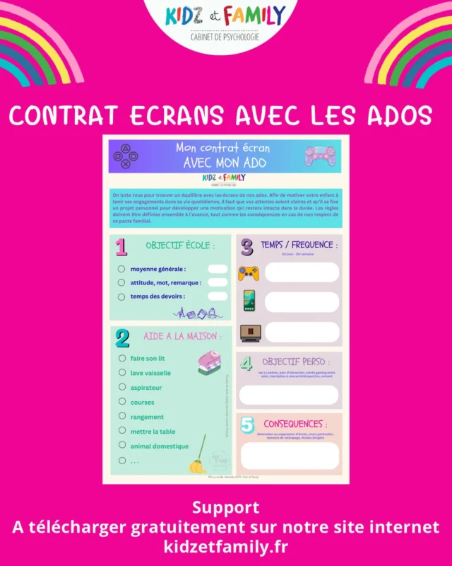 Nouveau support : mon contrat écrans avec mon ado à télécharger gratuitement sur notre site internet.

Comment utiliser ce support ?
- Prenez un moment de qualité pour décider d’évoquer la question.

- Montrez que ce contrat est gagnant et motivant avec la case “objectif perso”.

- Lancez-vous pour définir clairement vos objectifs en famille sur la consommation d’écran de votre ado.

- Fixez des attentes à l’avance en matière d’école et de quotidien à la maison.
#ecran #écrans #ados #kidzetfamily #psychologie #parents #parentalité #enfants