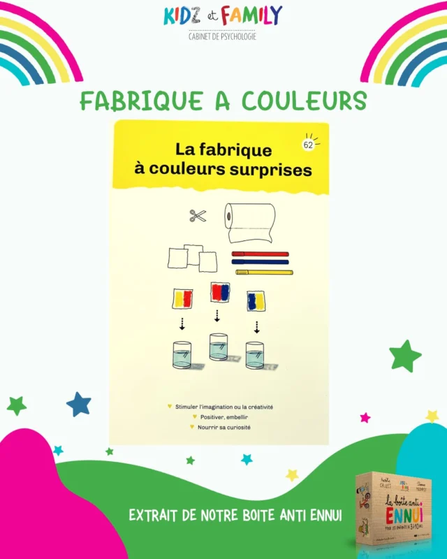 🎁Voici une carte extraite parmi les 101 de la boîte anti ennui.
🌈 Fabrique à couleurs va permettre à vos enfants de passer un moment magique en s émerveillant du résultat . 
📦Cette carte va développer : 
🤩l’imagination
🤩la créativité, 
🤩nourrir leur curiosité 
🤩 positiver .
Boîte anti ennui et son livret sont disponibles partout : Fnac , Amazon et en commande chez vos libraires. 
@editions_guy_tredaniel @le_courrier_du_livre #boiteantiennui #enfants #parents #education #parentalité #occuperlesenfants #weekend #vacancesenfamille 
Illustration by @garnierraphaelle