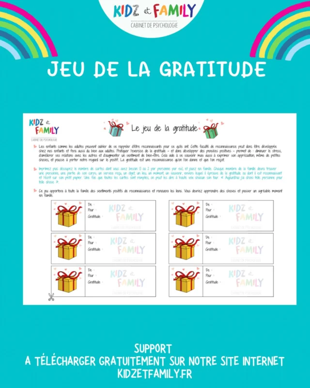 Pile au bon moment pour vacances en famille. 
Support à télécharger sur notre site internet onglet supports : le jeu de la gratitude : 
💛Les enfants comme les adultes peuvent oublier de se rappeler d’être reconnaissants pour ce qu’ils ont. Cette faculté de reconnaissance peut donc être développée chez nos enfants et fera aussi du bien aux adultes. Pratiquer l’exercice de la gratitude et donc de développer des pensées positives, permet de : diminuer le stress, d’améliorer ses relations avec les autres et d’augmenter un sentiment de bien-être. Cela aide à se souvenir mais aussi à exprimer son appréciation même de petites choses, et pousse à porter notre regard sur le positif. La gratitude est une reconnaissance qu’on l’on donne et que l’on reçoit. 

💛Imprimez puis découpez le nombre de cartes dont vous avez besoin (1 ou 2 par personne par ex), et jouez en famille. Chaque membre de la famille devra trouver une personne, une partie de son corps, un service reçu, un objet, un lieu, un moment, un souvenir, envers lequel il éprouve de la gratitude ou dont il est reconnaissant et l’écrit sur son petit papier. Une fois que toutes les cartes sont remplies, on peut les dire à haute voix chacun son tour. « Aujourd’hui j’ai choisi telle personne pour telle chose ». 

💛Ce jeu apportera à toute la famille des sentiments positifs de reconnaissance et renouera les liens. Vous devriez apprendre des choses et passer un agréable moment. 
#kidzetfamily #jeneveuxpas #education #enfants #parents emotionsenfants gratitude pedopsy Illustration by @garnierraphaelle