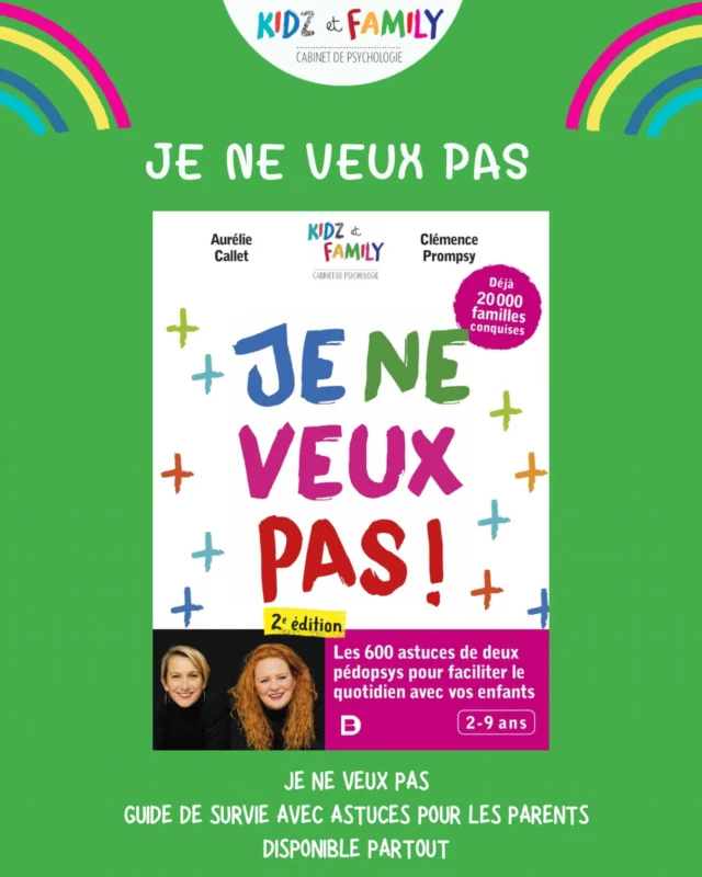 🌟 résumé de notre livre JE NE VEUX PAS 

La vie quotidienne est un parcours du combattant pour les parents. Ce guide vous aidera non seulement à y survivre, mais aussi à créer une ambiance épanouissante pour les enfants et la famille tout entière !

LA SOLUTION AU BURN-OUT PARENTAL !

« JE NE VEUX PAS ! » Voilà une phrase que votre enfant peut prononcer certains jours quand il ne veut pas se lever, s’habiller, aller à l’école, prendre son bain, venir dîner, aller se coucher… Les tracas liés à ces tâches quotidiennes finissent par prendre trop de place.

Alors au lieu de culpabiliser et avant d’exploser, laissez tomber les grands idéaux de parents parfaits et lisez donc le livre d’Aurélie et Clémence, les deux psychologues cliniciennes spécialistes du développement de l’enfant et du coaching familial !

Elles ont pour vous un programme sur mesure. Elles vous motivent, puis vous accompagnent dans la réorganisation du quotidien, et enfin vous donnent des conseils hyper- pratiques pour faire face aux situations familiales les plus courantes.

Édité chez @editionsdeboecksuperieur disponible partout 
Illustrations by @garnierraphaelle 
Couverture by @melaniepennec 
#jeneveuxpas #astuces #conseils #psychologue #psychologie kidzetfamily pedopsy