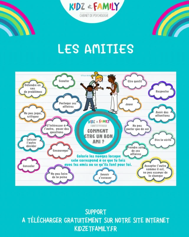 🩵Nouveau support concernant les amitiés.

🩵Vous avez l’impression que votre enfant souffre d’une amitié avec un copain, que cette amitié semble toxique ? Ou déséquilibrée ?

🩵Afin d’ aider votre enfant à mieux se rendre compte des choses, imprimez ce support en deux exemplaires.
🩵 Demandez-lui de colorier tout ce que lui fait pour son copain ou sa copine.
🩵 Puis, sur la deuxième page imprimée, demandez-lui ce que son copain ou sa copine fait pour lui et il colorie.
🩵 De manière très visuelle et instantanée, Votre enfant va pouvoir réaliser s’il colorie beaucoup de nuages alors que son copain / Copine vis-à-vis de lui n en colorie aucun ou très peu.
🩵 Ainsi vous pouvez insister  auprès de votre enfant sur le fait qu’un bon ami fait des choses pour l’autre, que cela va dans les deux sens. 

🌟Support à télécharger gratuitement sur notre site Internet, onglet support puis amitié.
#psychologie #amitiés #amitiéstoxiques #kidzetfamily #parentalité