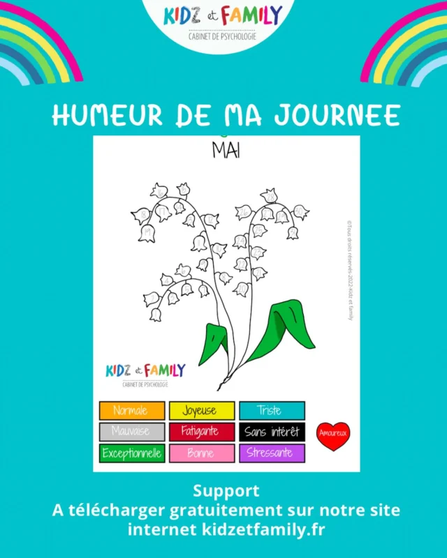 ✨Nouveau support pour résumer les journées : MAI  tous les mois retrouvez un nouveau visuel✨

💙Que vous soyez avec ou sans vos enfants vous en saurez davantage sur leurs ressentis de leurs journées 

🌟Chaque soir votre enfant ( vous pouvez en faire un par parent aussi si vous le souhaitez) colorie la case du jour pour résumer comment était sa journée, en se référant au code couleur du ressenti  intégré dans le bas du support mais vous pouvez en ajouter ou les modifier.

🌟Cela permet de résumer le ressenti de sa journée. Un peu comme un journal quotidien de ses journées et  des émotions.

🌟Vous pourrez en discuter , et voir si par exemple un gros chagrin dans la journée nécessite de qualifier toute la journée de triste ou si finalement les autres choses chouettes peuvent prendre le dessus ?

🌟Ainsi vous pourrez apprendre à vos enfants l exemple du verre à moitié plein ou à moitié vide.

🌟Cet exercice vous aidera aussi à faire le point et avoir des infos tous les soirs sur les journées de vos enfants/ ados.

🌟A la fin de l année où de chaque mois vous pourrez faire un point sur la couleur qui sort le plus souvent et comment faire pour colorier plus ou moins de telle couleur .

🌟Support disponible en téléchargement sur notre site internet onglet supports => émotions.

💛Illustration by @garnierraphaelle
#kidzetfamily #supportsenfants #pedopsy #educationpositive #educationbienveillante jeneveuxpas jenedorspas psychologie emotions emotion enfants parents verbaliser exterioriser ecole parler parents