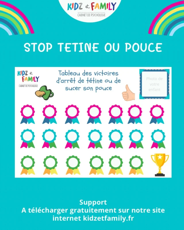 Bon moment que les vacances pour arrêter la tétine 🌈⭐️

🏆 support TABLEAU DES VICTOIRES  à télécharger sur notre site onglet supports > gommettes, pour encourager et motiver les kids qui arrêtent la tétine ou de sucer leur pouce. 

Chaque journée de réussite l enfant colorie le rond, ou colle un autocollant. 

☄️☄️Le support tout seul ne suffira pas, si vous ne prenez pas en compte les besoins de l enfant, son environnement, et ce qu il y a dans cet attachement au pouce ou à la tétine. Il faut faire les choses en douceur, avec le bon discours et au bon Moment. ☄️☄️

#kidzetfamily #tétine #pouce #pedopsy #arrettetine