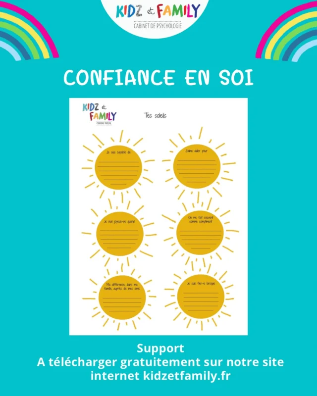 🩵La confiance en soi constitue la base des fondements du développement de l’enfant et son épanouissement. ⠀

🩵Pour qu’un enfant puisse avoir confiance en lui, il doit apprendre à se connaître. ⠀

🩵Aidez-le à identifier ses forces, ses capacités, ses spécificités, ses différences. Il doit  intégrer qu’on ne peut pas être bon partout, félicitez et encouragez, valorisez les efforts, relevez les progrès avant les points qui restent à travailler et n’exigez pas systématiquement les meilleurs résultats. ⠀
⠀
>> Afin d’aider votre enfant ou de faire un état des lieux sur ce qu’il pense de lui, remplissez avec lui ce support TES SOLEILS. ⠀
>> Dans un premier temps ne répondez pas à sa place, voyez si l’exercice est facile ou difficile pour lui. ⠀
>> Ensuite vous pouvez dans une autre couleur, notez ce que vous pensez en tant que parent. ⠀
⠀
Téléchargez le support gratuitement sur notre site Internet, dans la rubrique « Support », ou retrouvez le lien en story :)⠀
⠀
#pedopsy #kidzetfamily #jeneveuxpas #confianceensoi #confiance