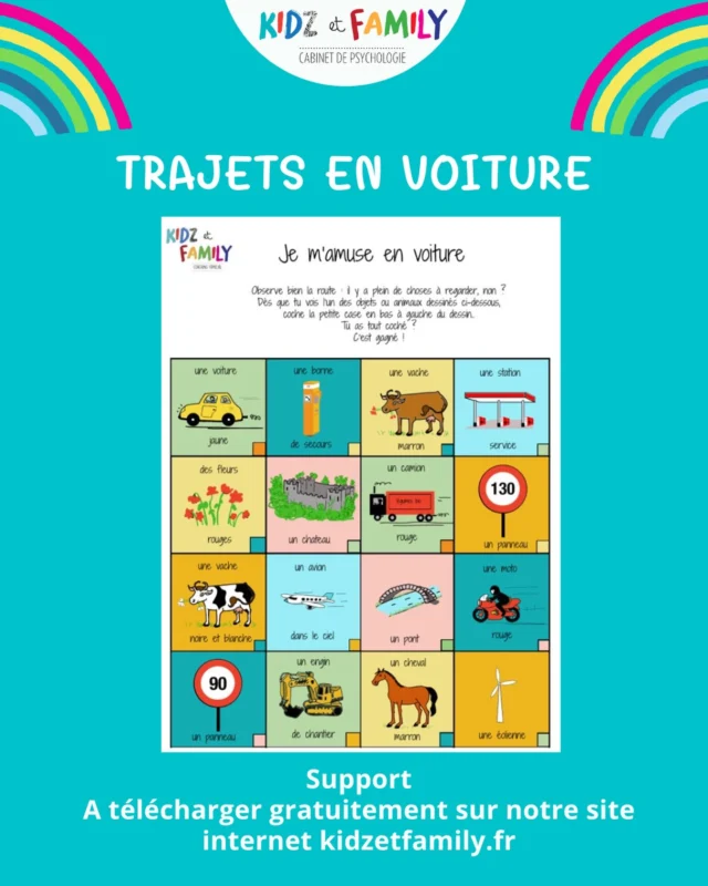 Vous allez partir en vacances en voiture ? 

Vous ne savez pas trop comment occuper vos enfants ? 

Alors voici une idée qui pourra un peu les occuper.
Nous avons mis en ligne un nouveau support sur notre site web : »Je m’amuse en voiture »
 
🚗 Vos enfants vont devoir observer et être bien attentifs autour d’eux. 

À chaque fois qu’ils voient des pictos de la feuille, ils peuvent barrer ou faire une croix. 

Vous pouvez bien entendu reprendre ce principe en le faisant oralement en leur demandant de trouver différentes choses que vous pourrez croiser sur la route ou dans le train. 

#kidzetfamily #vacances #ennui #enfants #voyage