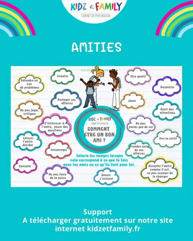 🩵Nouveau support concernant les amitiés.

🩵Vous avez l’impression que votre enfant souffre d’une amitié avec un copain, que cette amitié semble toxique ? Ou déséquilibrée ?

🩵Afin d’ aider votre enfant à mieux se rendre compte des choses, imprimez ce support en deux exemplaires.
🩵 Demandez-lui de colorier tout ce que lui fait pour son copain ou sa copine.
🩵 Puis, sur la deuxième page imprimée, demandez-lui ce que son copain ou sa copine fait pour lui et il colorie.
🩵 De manière très visuelle et instantanée, Votre enfant va pouvoir réaliser s’il colorie beaucoup de nuages alors que son copain / Copine vis-à-vis de lui n en colorie aucun ou très peu.
🩵 Ainsi vous pouvez insister  auprès de votre enfant sur le fait qu’un bon ami fait des choses pour l’autre, que cela va dans les deux sens. 

🌟Support à télécharger gratuitement sur notre site Internet, onglet support puis amitié.
#psychologie #amitiés #amitiéstoxiques #kidzetfamily #parentalite