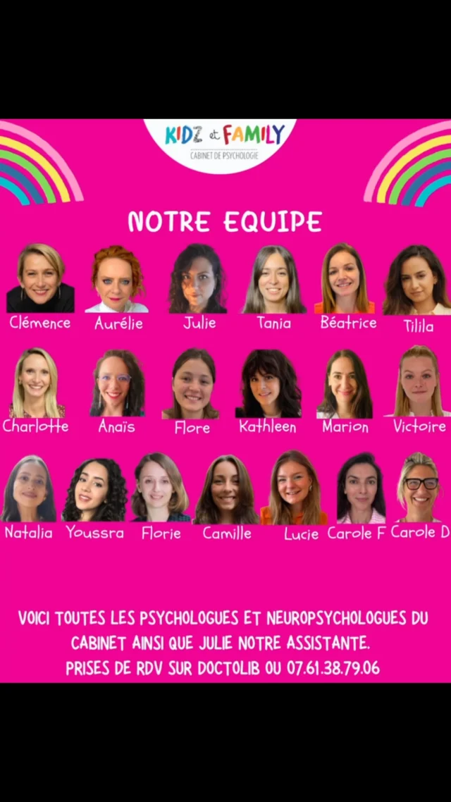 🩷🩷Voici notre super équipe de psychologues et neuropsychologues 🩷🩷 ainsi que Julie notre assistante de choc💪🏼

🩷Seules les fondatrices de Kidz et Family : Aurélie 👩🏻‍🦰 & Clémence 👩🏼sont à temps plein au cabinet .

💕 Toutes les psychologues sont là environ 2 jours par semaine et ont un autre mi-temps en institution en parallèle de chez nous. 

🩷🩷 2 seront bientôt en congé maternité 👶🏼 donc ne prennent pas de nouveaux patients pour le moment .

🩷Pour savoir quelle psychologue conviendrait le mieux à votre situation ou si vous avez des questions appelez notre secrétariat 🌟 rdv présentiel à boulogne Billancourt (92) ou en visio via Doctolib.
Seule Lucie ne travaille que en visio car elle vit désormais à la Réunion ☀️

 #psychologue #psycholgue psychologie #kidzetfamily