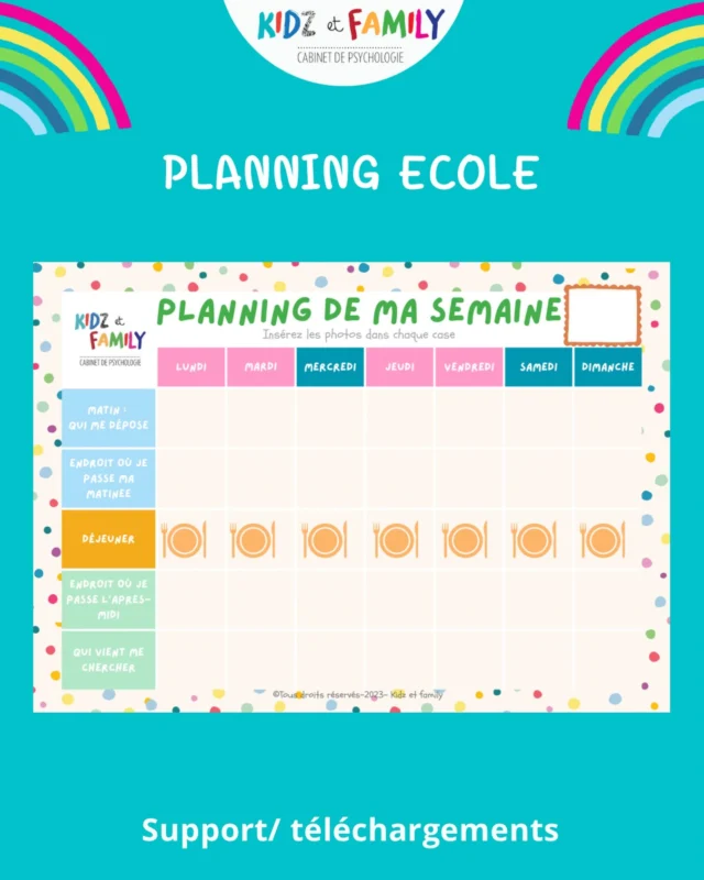 ‼️pour recevoir ce support téléchargeable gratuitement en haute définition c est très simple il suffit : d être abonné à notre page, de liker le post et de commenter planning🩷🩷

💙Nouveau support pour aider vos enfants à bien comprendre leur semaine. 

💙insérez des photos dans le tableau :
- La personne qui dépose le matin et qui vient chercher le soir.
- Puis la photo de l’endroit où l’enfant passe ses journées.
- Vous pouvez également y ajouter la photo des activités extrascolaires.

💙Le fait de bien visualiser la semaine permet de diminuer le stress, de mieux se répérer et développer l autonomie 🌟.

#Psychologue #psychologie #planning #rentrée #rentreescolaire