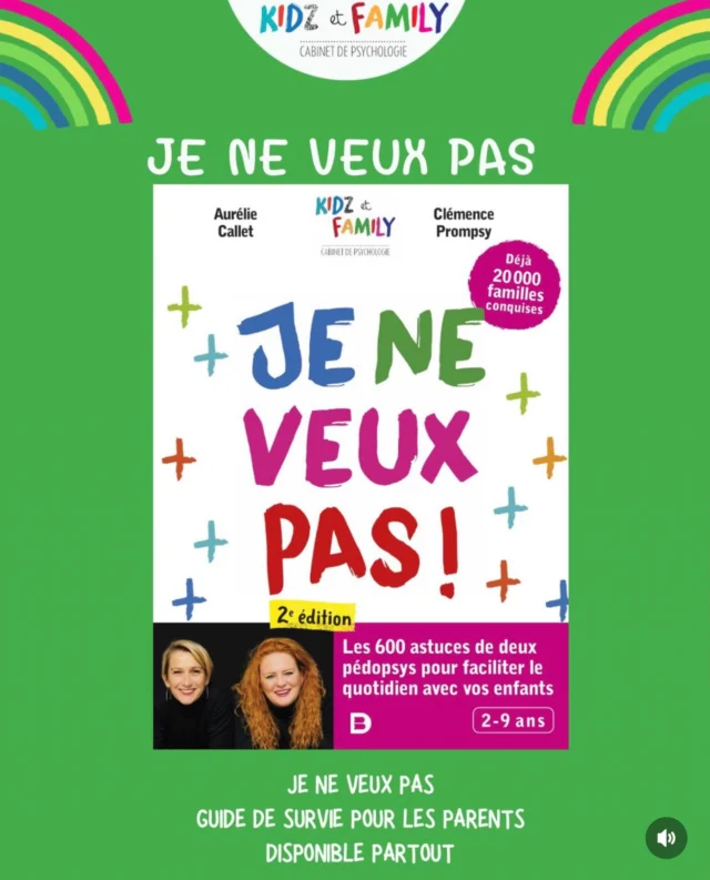 🌟 résumé de notre livre JE NE VEUX PAS 

La vie quotidienne est un parcours du combattant pour les parents. Ce guide vous aidera non seulement à y survivre, mais aussi à créer une ambiance épanouissante pour les enfants et la famille tout entière !

LA SOLUTION AU BURN-OUT PARENTAL !

« JE NE VEUX PAS ! » Voilà une phrase que votre enfant peut prononcer certains jours quand il ne veut pas se lever, s’habiller, aller à l’école, prendre son bain, venir dîner, aller se coucher… Les tracas liés à ces tâches quotidiennes finissent par prendre trop de place.

Alors au lieu de culpabiliser et avant d’exploser, laissez tomber les grands idéaux de parents parfaits et lisez donc le livre d’Aurélie et Clémence, les deux psychologues cliniciennes spécialistes du développement de l’enfant.

Elles ont pour vous un programme sur mesure. Elles vous motivent, puis vous accompagnent dans la réorganisation du quotidien, et enfin vous donnent des conseils hyper- pratiques pour faire face aux situations familiales les plus courantes.

Édité chez @editionsdeboecksuperieur disponible partout 
Illustrations by @garnierraphaelle 
Couverture by @melaniepennec 
#jeneveuxpas #astuces #conseils #psychologue #psychologie kidzetfamily pedopsy