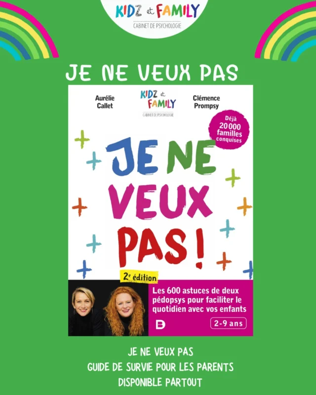 🌟 résumé de notre livre JE NE VEUX PAS 

La vie quotidienne est un parcours du combattant pour les parents. Ce guide vous aidera non seulement à y survivre, mais aussi à créer une ambiance épanouissante pour les enfants et la famille tout entière !

LA SOLUTION AU BURN-OUT PARENTAL !

« JE NE VEUX PAS ! » Voilà une phrase que votre enfant peut prononcer certains jours quand il ne veut pas se lever, s’habiller, aller à l’école, prendre son bain, venir dîner, aller se coucher… Les tracas liés à ces tâches quotidiennes finissent par prendre trop de place.

Alors au lieu de culpabiliser et avant d’exploser, laissez tomber les grands idéaux de parents parfaits et lisez donc le livre d’Aurélie et Clémence, les deux psychologues cliniciennes spécialistes du développement de l’enfant.

Elles ont pour vous un programme sur mesure. Elles vous motivent, puis vous accompagnent dans la réorganisation du quotidien, et enfin vous donnent des conseils hyper- pratiques pour faire face aux situations familiales les plus courantes.

Édité chez @editionsdeboecksuperieur disponible partout 
Illustrations by @garnierraphaelle 
Couverture by @melaniepennec 
#jeneveuxpas #astuces #conseils #psychologue #psychologie kidzetfamily pedopsy