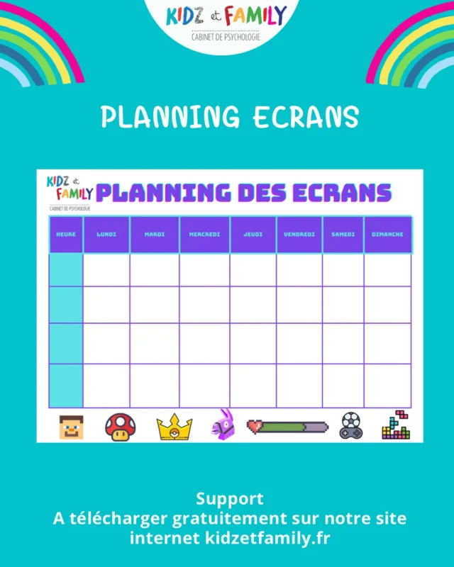 établir les régles de votre maison au sujet des écrans.

🎮 Pour vous aider à mieux cadrer les choses, nous avons créé un planning dans lequel vous pourrez y noter les jours autorisés et quels écrans .

📺 Imprimez le tableau du planning, puis la feuille avec tous les pictogrammes.

📱Découpez ceux qui concernent vos enfants et collez-les dans les jours autorisés.

🕹Pensez a noter le temps autorisé à côté.

⏰N’hésitez pas à utiliser un time Timer qui permet à l’enfant d’avoir la notion du temps qui s’écoule . 

🎮 Nous avons fait également un visuel avec les règles des écrans. Car au-delà des jours et du temps, il y a aussi quelques règles à établir au préalable et qui ne changent pas. 

💙3 supports à télécharger gratuitement sur notre site internet kidzetfamily.fr, 
💙onglet supports > 
💙quotidien planning/ tâches > 
💙 mon planning écrans + règles des écrans et pictogrammes ( 2 documents en 1) 

#kidzetfamily #pedopsy  #astuces #écrans #psychologue