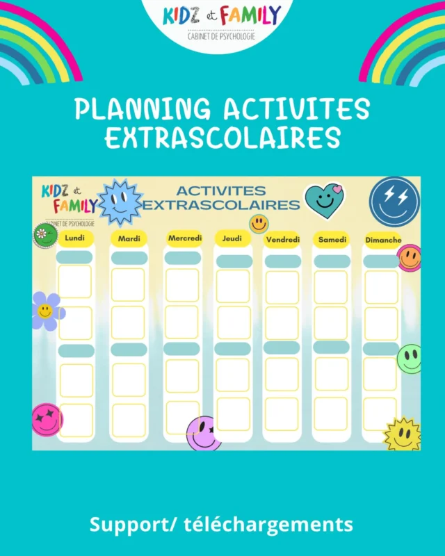 Voici un nouveau support disponible gratuitement sur notre site internet onglet supports puis : plannings/rituels 

Si votre enfant a du mal à se repérer pour ses activités extra scolaires et peut oublier des affaires ce support peut l’aider à mieux se repérer et visualiser sa semaine. 
Cela peut être utile aussi pour les parents en résidence alternée. #activitésextrascolaires #sports #planning #enfants #parents kidzetfamily